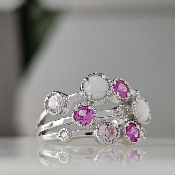 Opal and Pink Swarovski crystal  bauble ring, 925 Sterling Silver Charmed Aroma - Picture 6 of 7